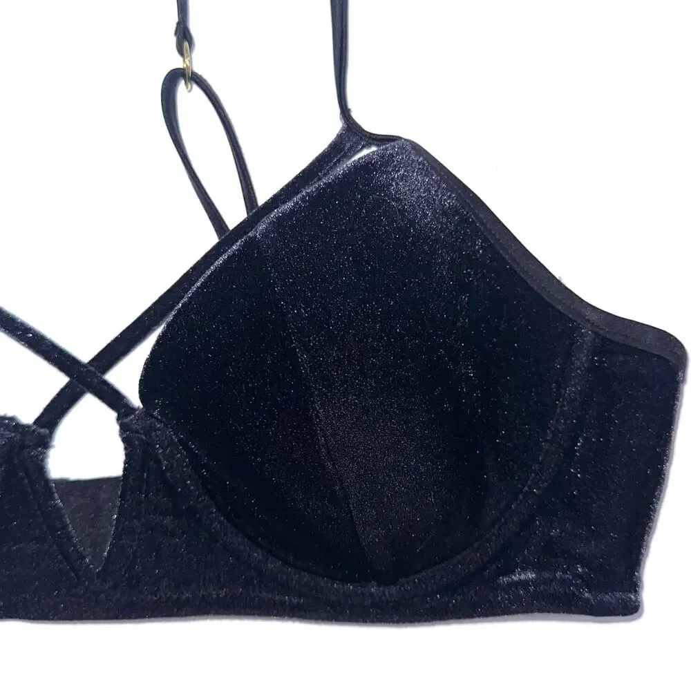 Beach Bunny Black Dylan Velvet Strappy Underwire Bikini Top Size M